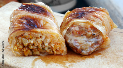Home made food. Roasted  sarmi. Traditional meals with rice-stuffed cabbage leaves for Christmas Eve.