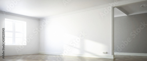 White wall inside a sunny apartmet with a window  panoramic  - 3d visualization