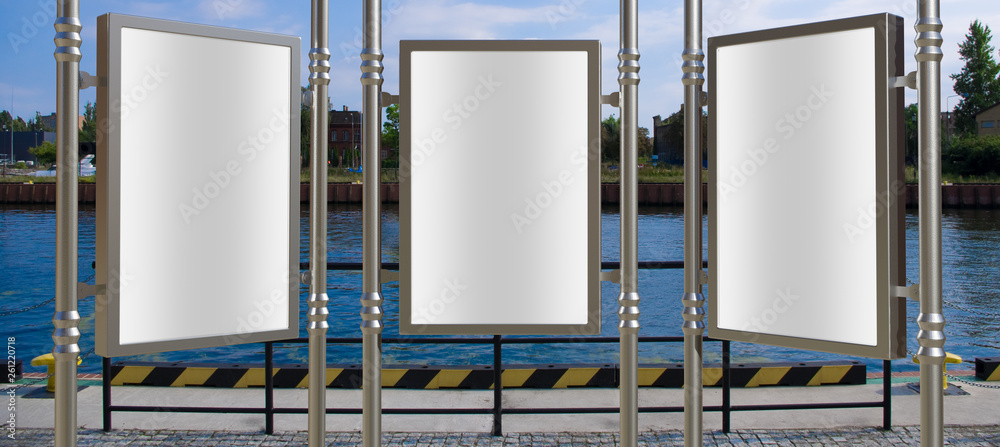 3D rendering of blank billboard (empty advertisement) with city background. Empty mockup template 3D rendering of blank billboard (empty advertisement) with city background. Empty mockup template