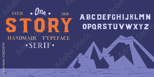One story. Handmade serif font. Hill. Mountains. Color. Authentic typeface. 