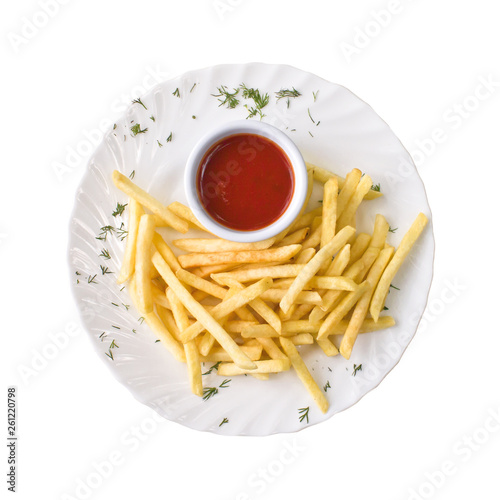 French fries and tomato sauce on the plate, isolated on white background. Top view