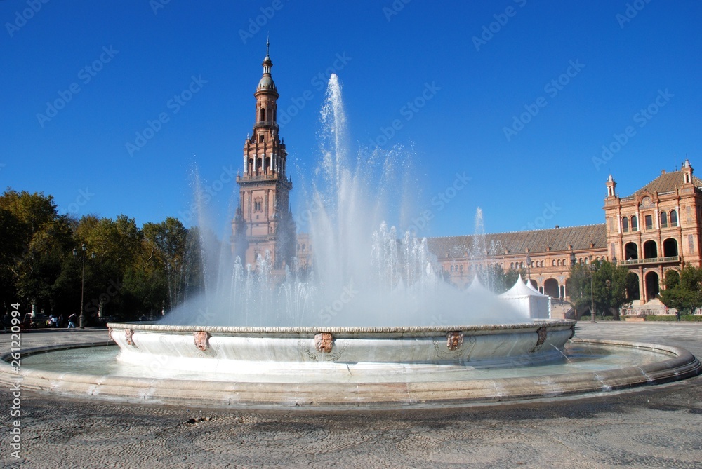 Central building in the Plaza de Espana with fountain in the foreground, Seville, Spain.
