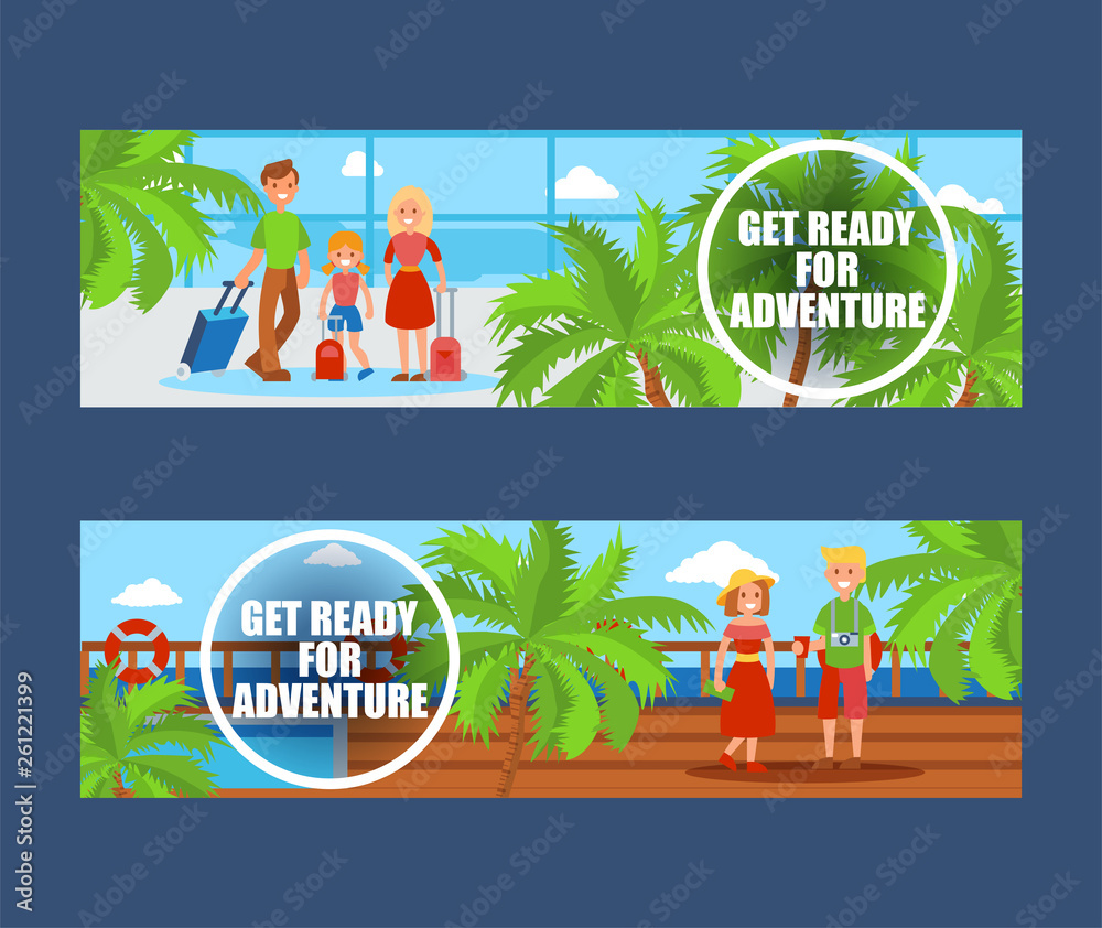 Naklejka premium Family going on vacation set of banners. Passengers travelling with Luggage. Father mother and daughter among palms. Couple walking near sea. Get ready for adventure. Tourism concept.