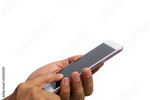 Man hand holding mobile phone mock up isolated on white background.