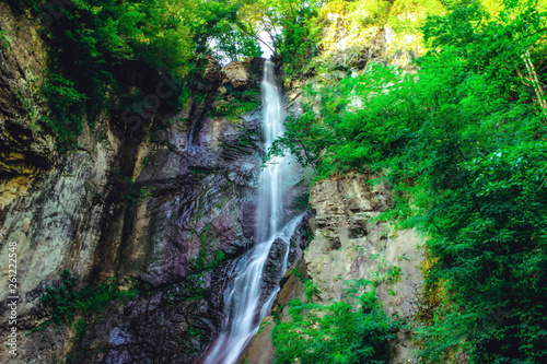 .Mahunceti waterfall closeup in summertime season. Batumi  Georgia.