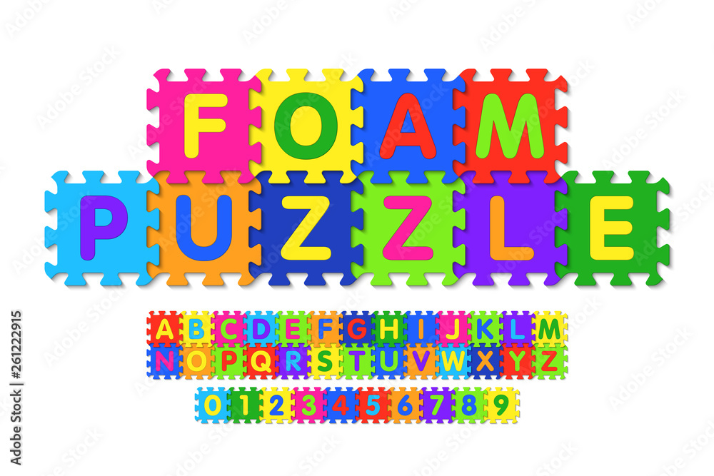 Foam puzzle font design, alphabet letters and numbers