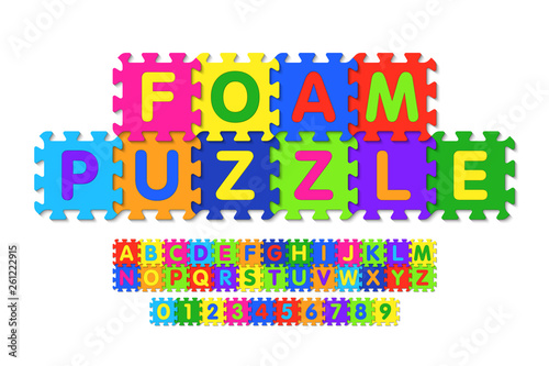 Foam puzzle font design, alphabet letters and numbers