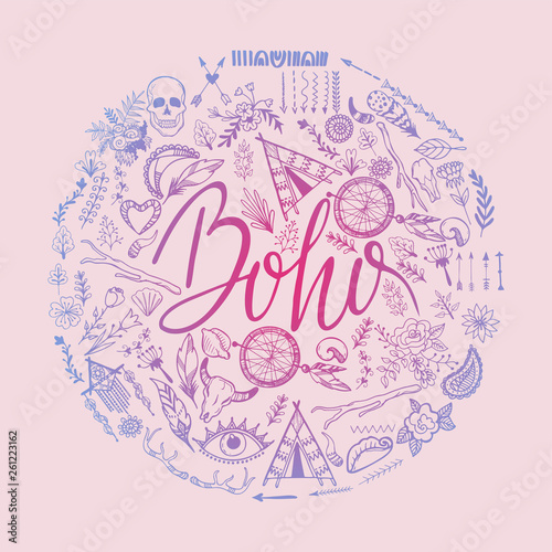 Boho hand drawn round pattern vector illustration. Dream catcher amulet, scull, plants such as flowers with leaves, branch, arrows with heart, moon, feather, ethnic tribal eyes.