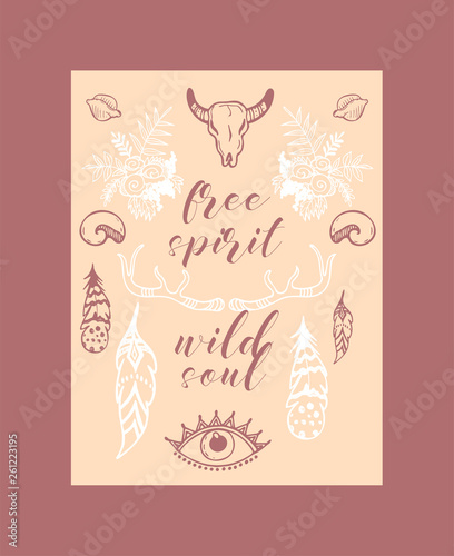 Boho hand drawn sposter, banner vector illustration. Scull, plants such as flowers with leaves, branch, feather with ornament, ethnic tribal eyes, shell, head. Free spirit wild soul.