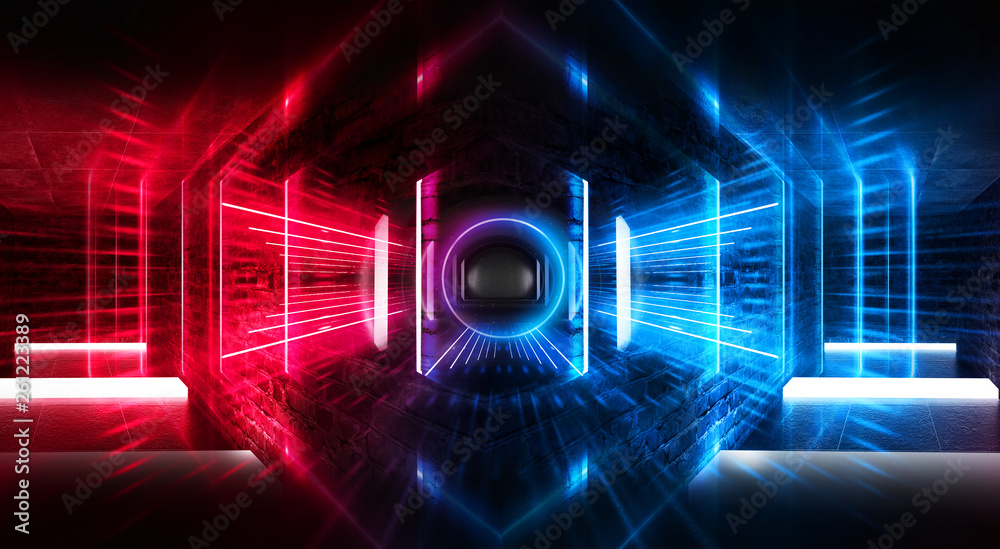 Obraz premium Abstract tunnel, corridor with rays of blue and pink light and neon highlights. Abstract blue and pink background, neon. Empty dark room with rays and lines. Brick walls, concrete floor. Night view. 3