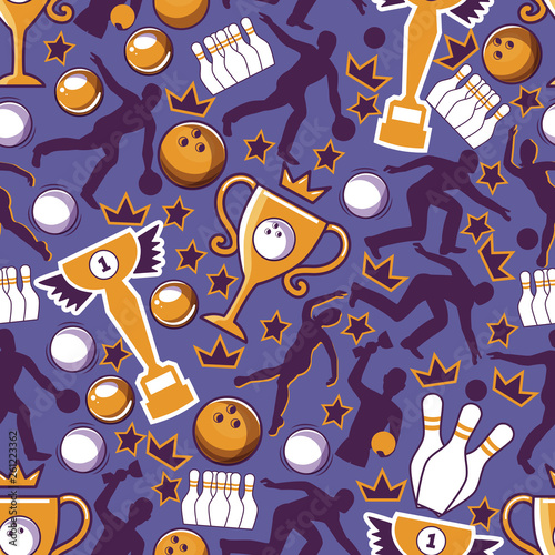 Bowling game seamless pattern vector illustration. Ball crashing into the pins,getting strike. Bowling tournament. Winner of championship. Victory. First place. Male and female players.