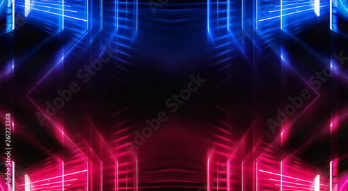 Abstract tunnel, corridor with rays of blue and pink light and neon highlights. Abstract blue and pink background, neon. Empty dark room with rays and lines. Brick walls, concrete floor. Night view. 3