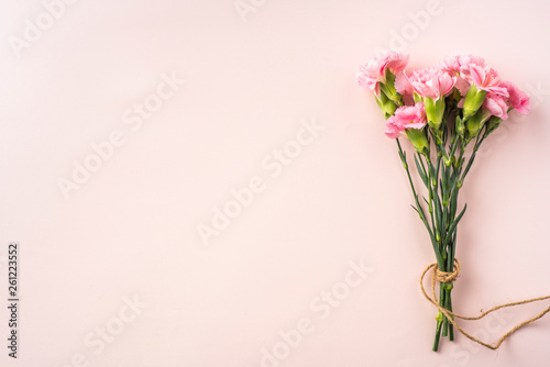 top view of carnation on pink background