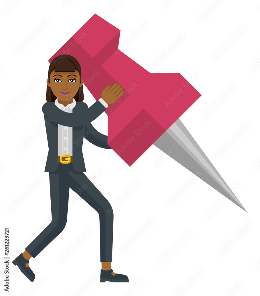An Asian businesswoman cartoon character mascot woman holding a big thumb  tack map drawing pin business concept Stock Vector | Adobe Stock