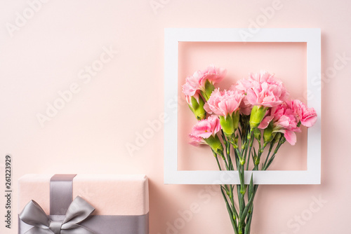 top view of carnation with white frame on pink
