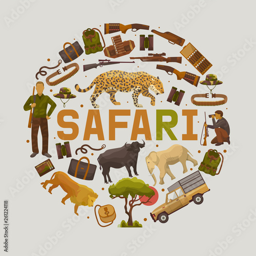 Safari hunting set of round patterns vector illustration. Camouflage hat, gun with shells, bandolier, knife, compass, binoculars, ammunition, army boots and hunter vest, belt.