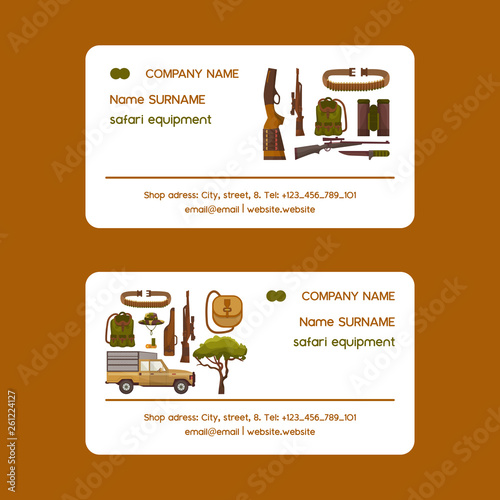 Safari hunting equipment set of business cards vector illustration. Camouflage hat, gun with shells, bandolier, knife, binoculars, ammunition, vehicle and hunter vest, belt.