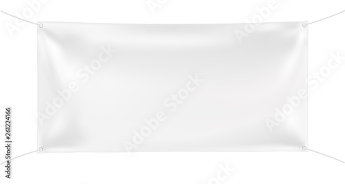 3d Empty rectangular Horizontal Banner with 4 holes and ropes. Vector realistic template on white background for Your Design and Advertising. Awning, Textiles, PVC, Vinyl, Nylon, Banner ect.