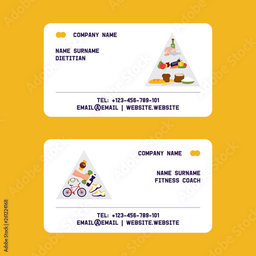 Dietitian, fitness coach set of business cards vector illustration. Obesity cincept. Healthy diet nutrition. Consultation, weight loss, natural vegetables food and physical exercises.