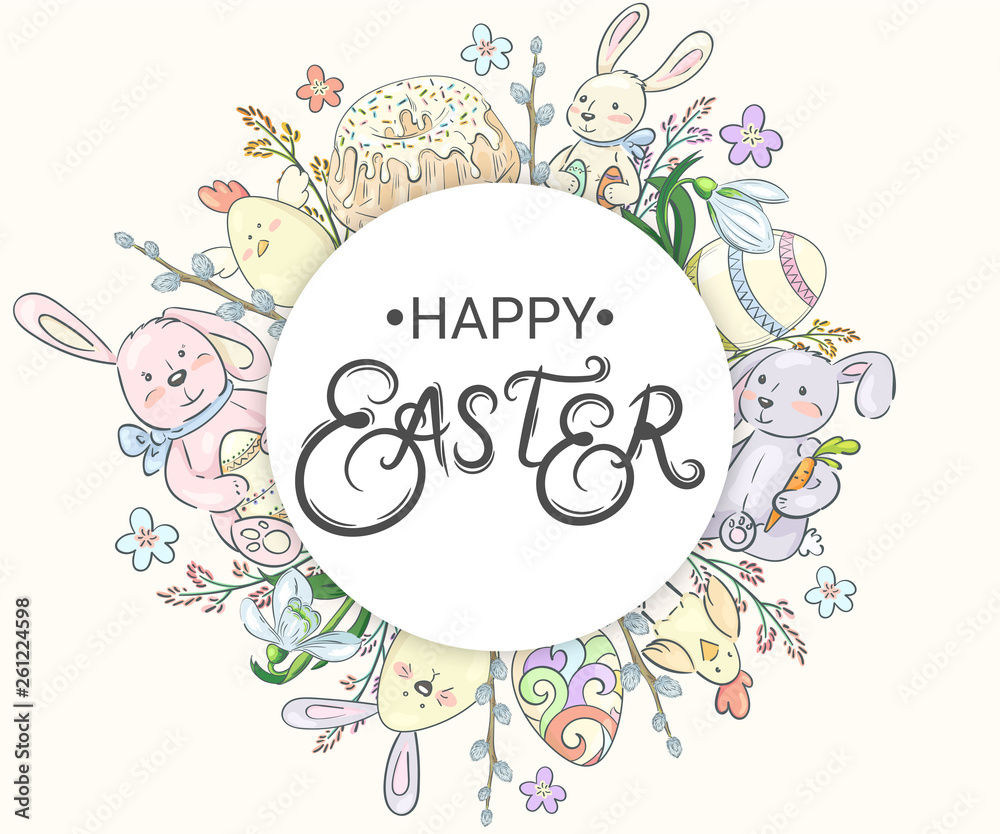 Happy Easter. Background with bunnies, cakes, eggs and flowers