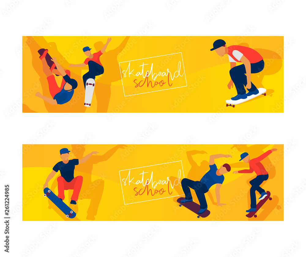 Skateboard boys set of banners vector illustration. Young guys riding and doing tricks on skate. Spending free time. Healthy lifestyle concept. Learning in school. Active hobby.