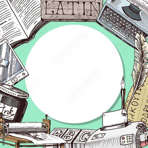 Old books with ink quill feather pen and inkwell round pattern vector illustration. Vintage or antique writing stationery and open book manuscript. Typewriter and latin language.