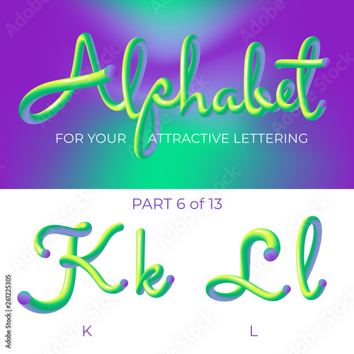 3D neon led alphabet font. Logo K letter, L letter with rounded shapes. Matte three-dimensional letters from the tube, rope green and purple.  Tube Hand-Drawn Lettering. Typography for Music Poster, S