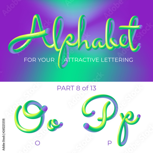 3D neon led alphabet font. Logo P letter, O letter with rounded shapes. Matte three-dimensional letters from the tube, rope green and purple.  Tube Hand-Drawn Lettering. Typography for Music Poster, S