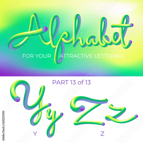 3D neon led alphabet font. Logo Y letter, Z letter with rounded shapes. Matte three-dimensional letters from the tube, rope green and purple.  Tube Hand-Drawn Lettering. Typography for Music Poster, S