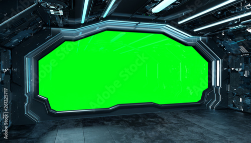 Fototapeta Naklejka Na Ścianę i Meble -  Dark blue spaceship futuristic interior mockup with window 3d rendering