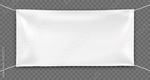 3d realistic Empty rectangular Horizontal Banner with 4 holes and ropes. Vector template on  transparent background for Your Design and Advertising. Awning, Textiles, PVC, Vinyl, Nylon, Banner ect.