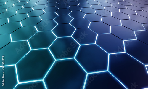 Glowing black and blue hexagons background pattern on silver metal surface 3D rendering