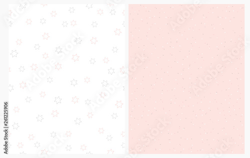 Delicate Stars and Polka Dots Seamless Vector Pattern. Bright Pastel Color Nuresery Repeatable Design. Pink and Gray Stars Isolated on a white Background. Pink and White Dots on a Light Pink Layout.