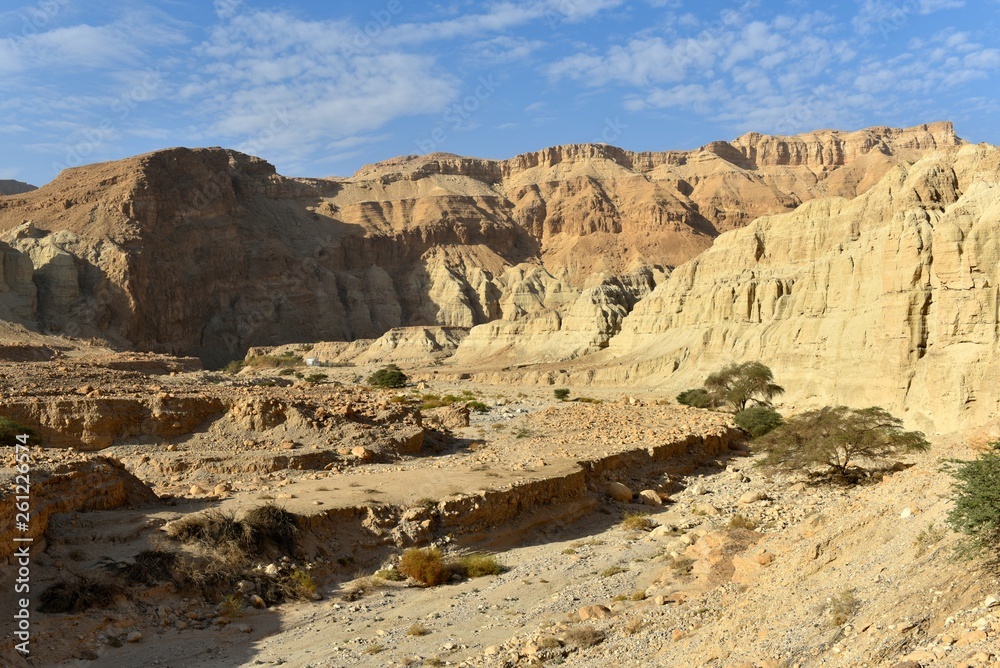 Scenic mountain landscape in wadi Heymar, Judea desert, Israel