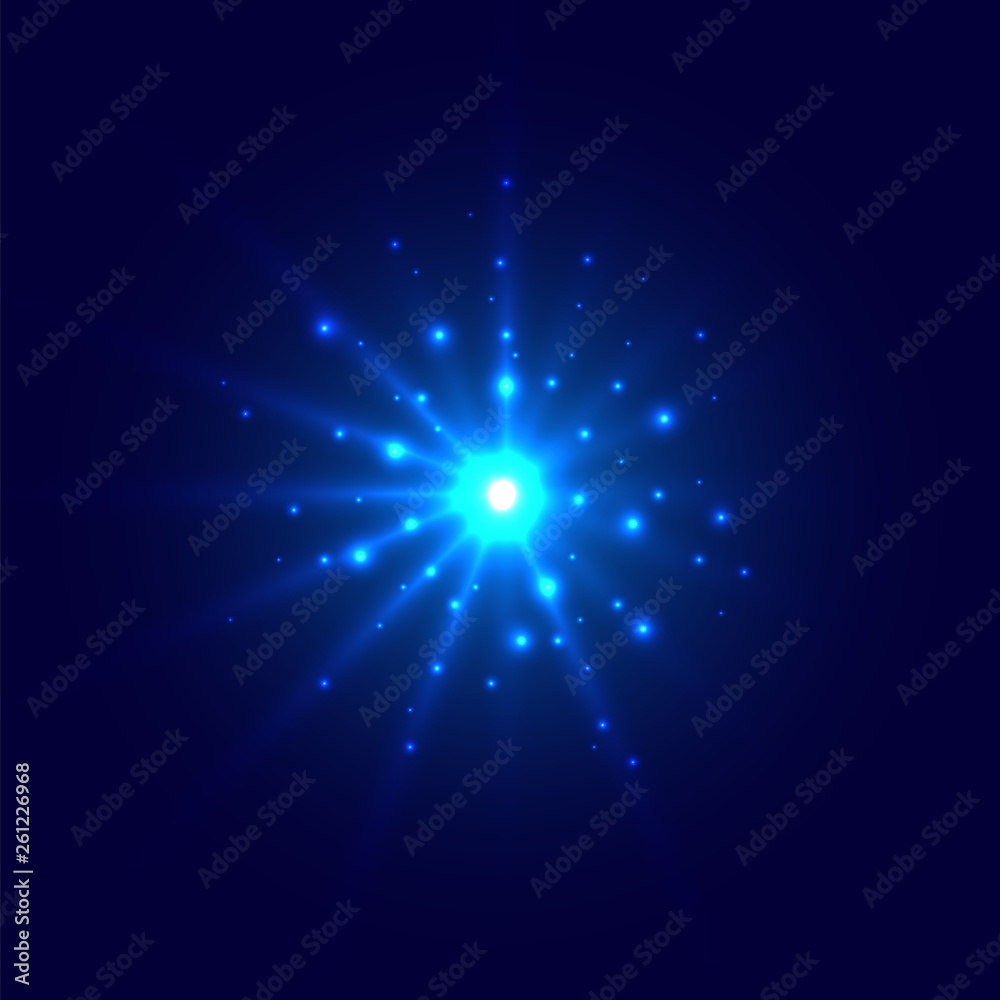 Abstract blue glow light burst explosion with magic bright sparkle center and glitters around on dark background.