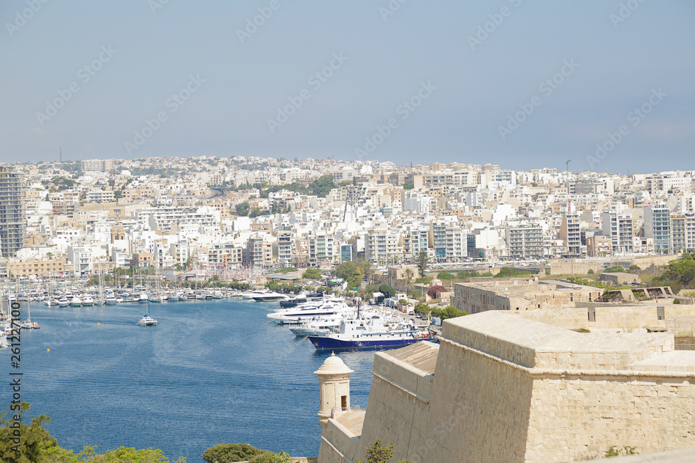 Fort Manoel, Manoel Island yacht marina and the coast of Gzira as seen from Hastings Gardens, Malta
