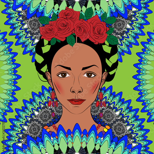 bright colorful illustration depicting a portrait of a girl with a traditional Mexican hairstyle on the background of openwork ornament