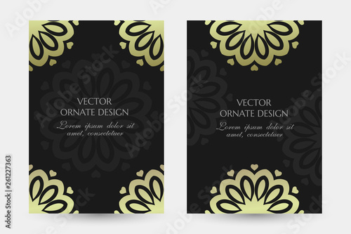 Bronze floral motif. Luxury vertical posters with ornaments on the black background. Vector design with decorative elements and copy space for vip invitation, funeral cards and other.