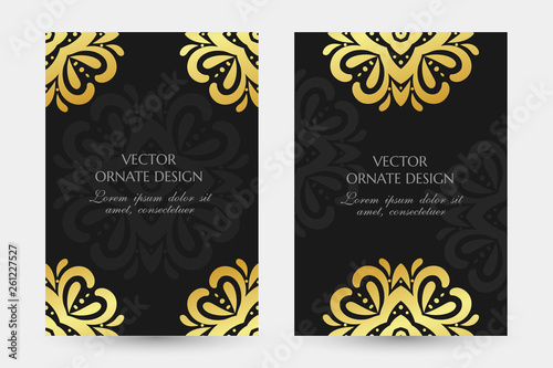 Golden floral decor. Luxury vertical posters with ornaments on the black background. Vector design with decorative elements and copy space for vip invitation, funeral cards and other.