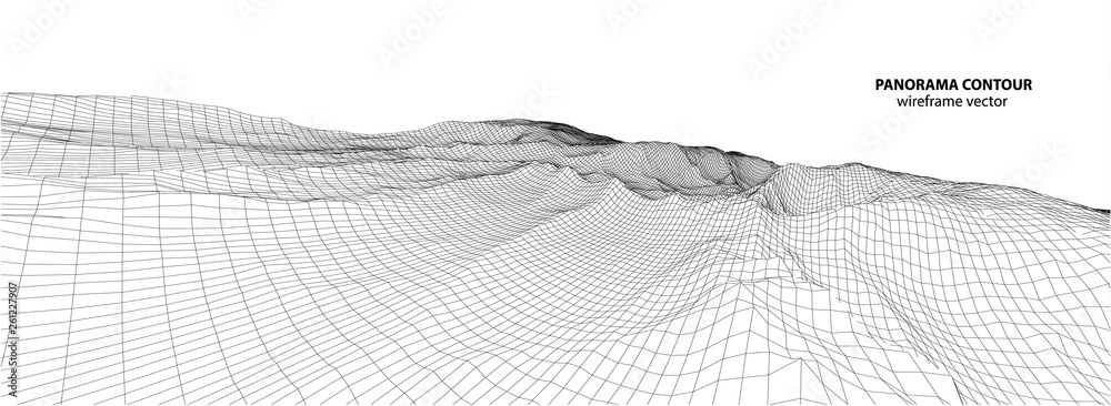 3D wireframe of contour swirl. Abstract wireframe background. Black and white wave