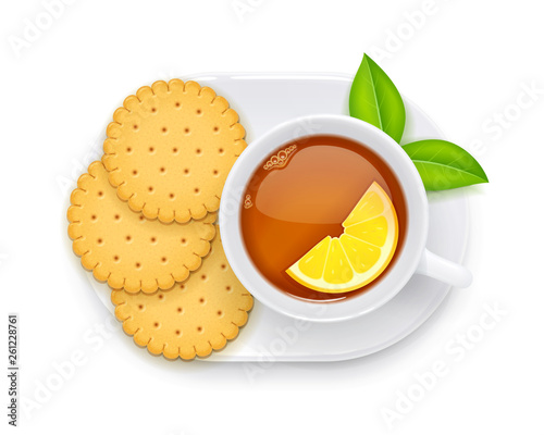 Tea cup and biscuit on plate. Traditional hot drink for breakfast. Tea time. Herbal tonic beverage. Isolated white background. Eps10 vector illustration.