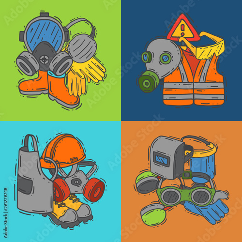 Personal protective equipment for safe work vector illustration. Big sale on health and safety supplies banner. Best offer of gloves, helmet, glasses, protection gas mask.