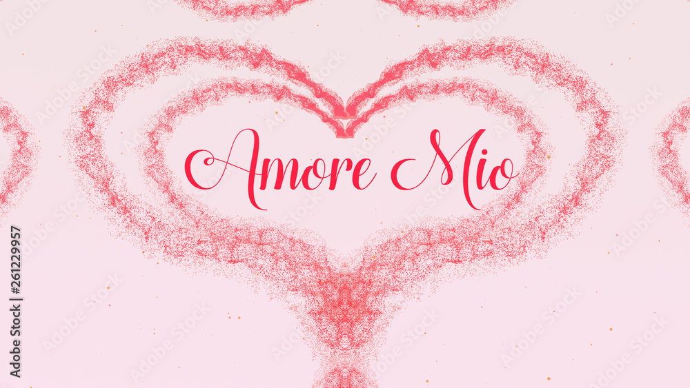 Amore Mio Love confession. Valentine's Day heart made of pink splash isolated on light pink background. Share love.