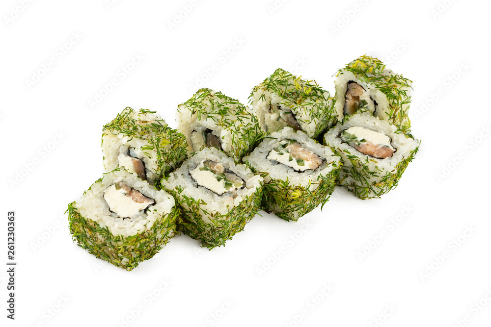 Closeup set of sushi rolls with dill, eel and cucumber isolated at white background. Closeup set of sushi rolls with dill, eel and cucumber isolated at white background.