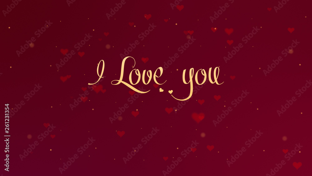 I love you Love confession. Valentine's Day lettering is isolated on red background, which is bedecked with little cute red hearts. Share love.