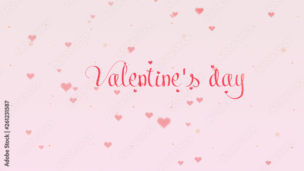 Valentine's Day lettering. Love background with pink little cute hearts for Valentine's Day. Light pink backgrop. Rose pink inscription.