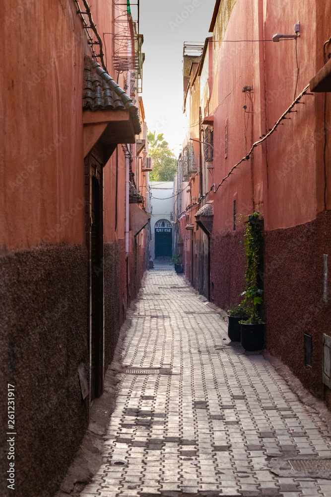 Beautiful alleyway full of colors in the medina of Marrakesh, Morocco