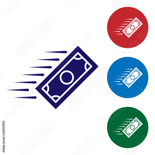 Blue Fast payments icon on white background. Fast money transfer payment. Financial services, fast loan, time is money, cash back concept. Set color icon in circle buttons. Vector Illustration
