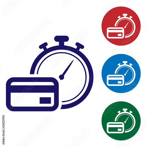 Blue Fast payments icon on white background. Fast money transfer payment. Financial services, fast loan, time is money, cash back concept. Set color icon in circle buttons. Vector Illustration