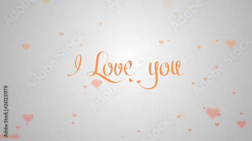 I love you Love confession. Orange lettering is isolated on white background, which is bedecked with little cute pink hearts. Share love.
